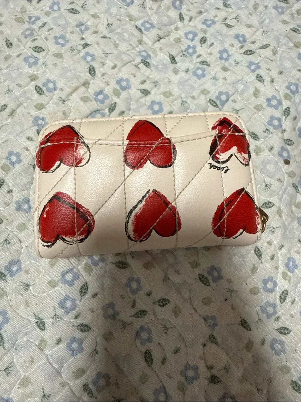 Coach Cream Zip Wallet with Red Heart Print